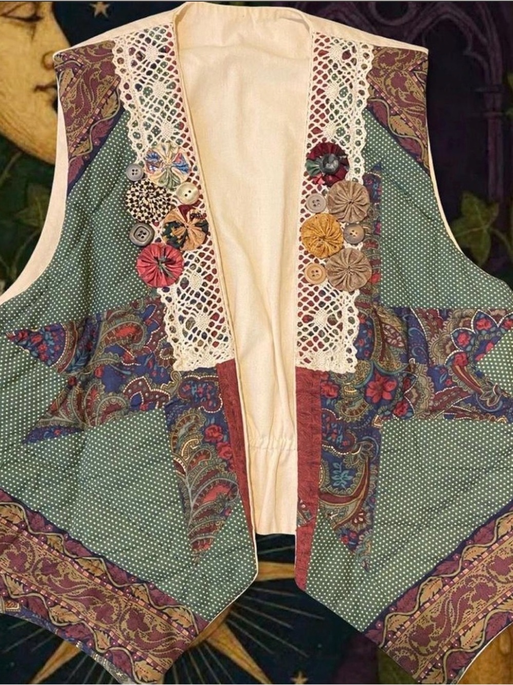 Patchwork Boho Embroidered Vest in Sage Green and Burgundy Accents